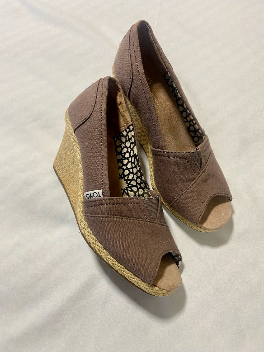 Toms Brown Canvas Peep-Toe Espadrille Wedges